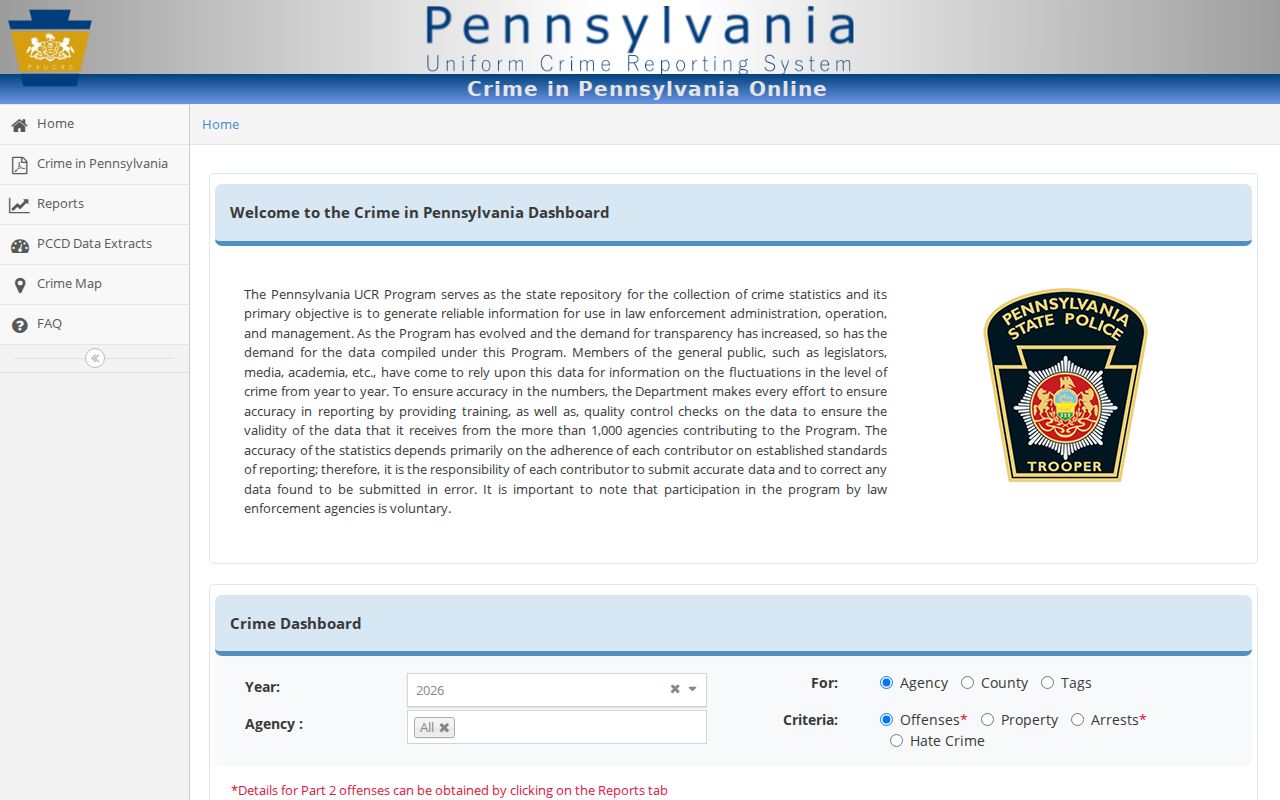 Pennsylvania UCR Crime in Pennsylvania arrest statistics dashboard