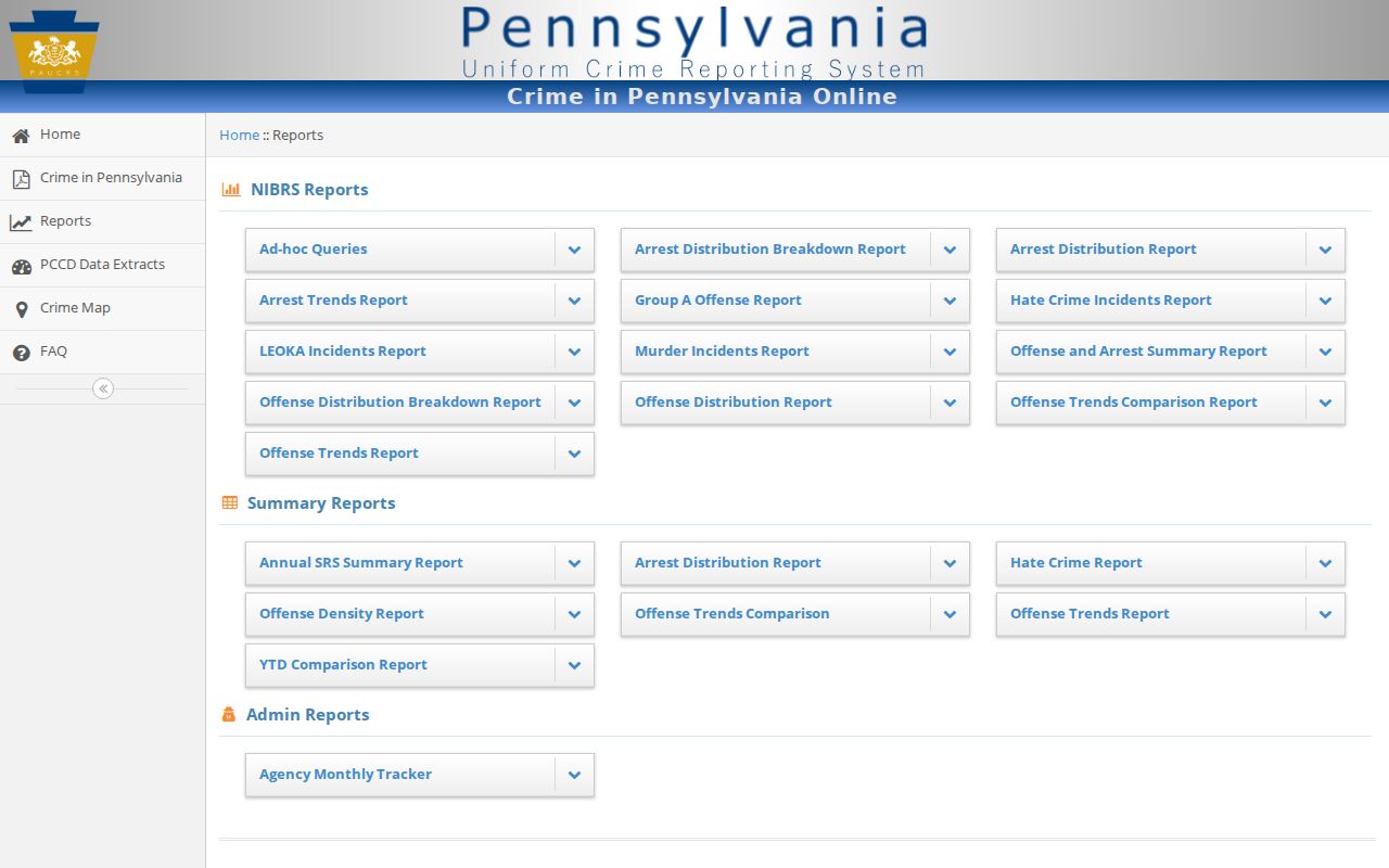 Pennsylvania UCR Report Center arrest report options