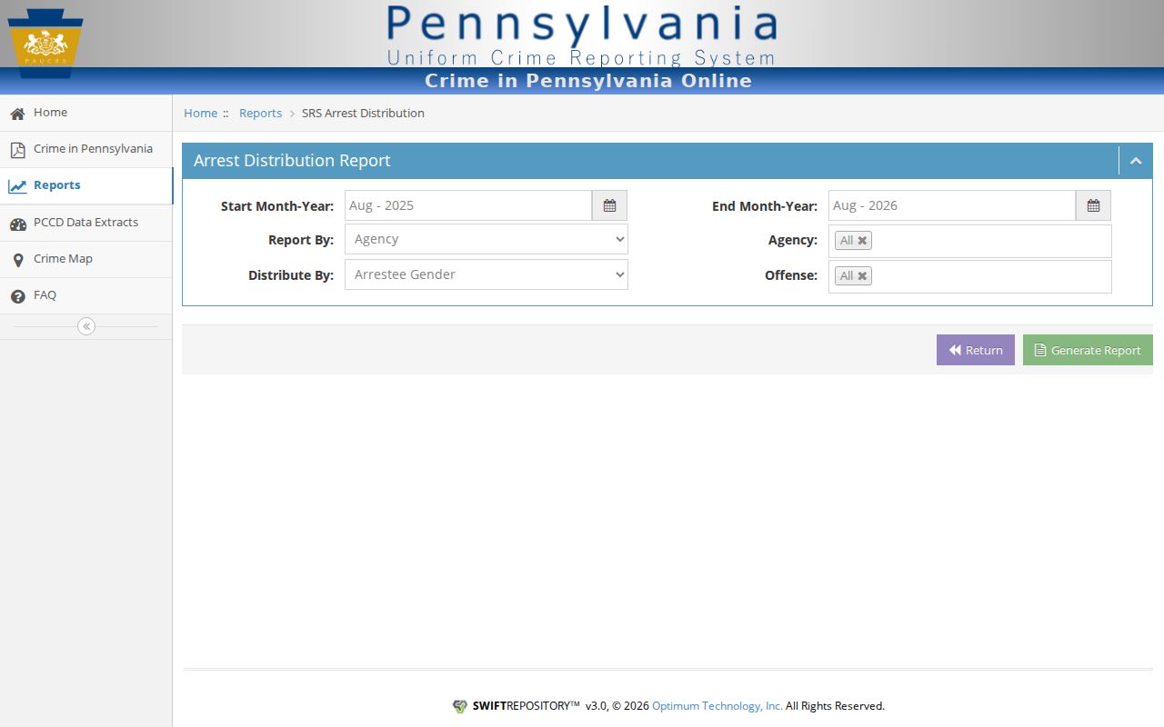 Pennsylvania UCR Arrest Distribution report form