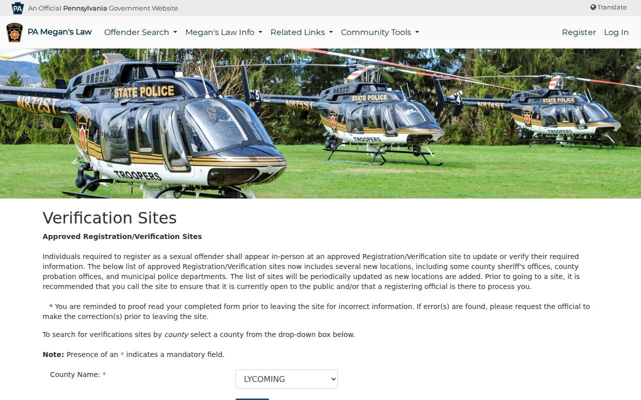 Lycoming County sex offender registry verification site results