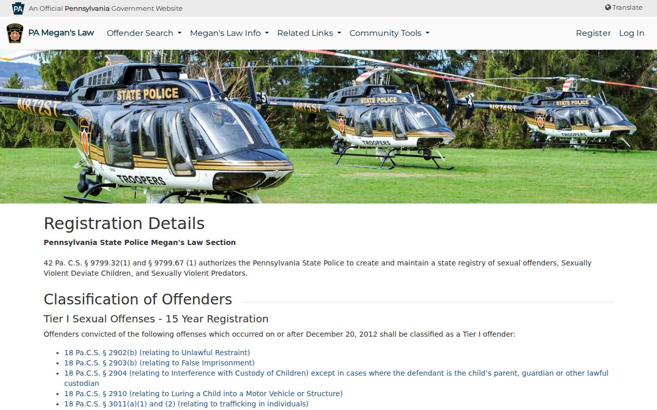 Pennsylvania registration levels and duties for Lycoming County sex offender records