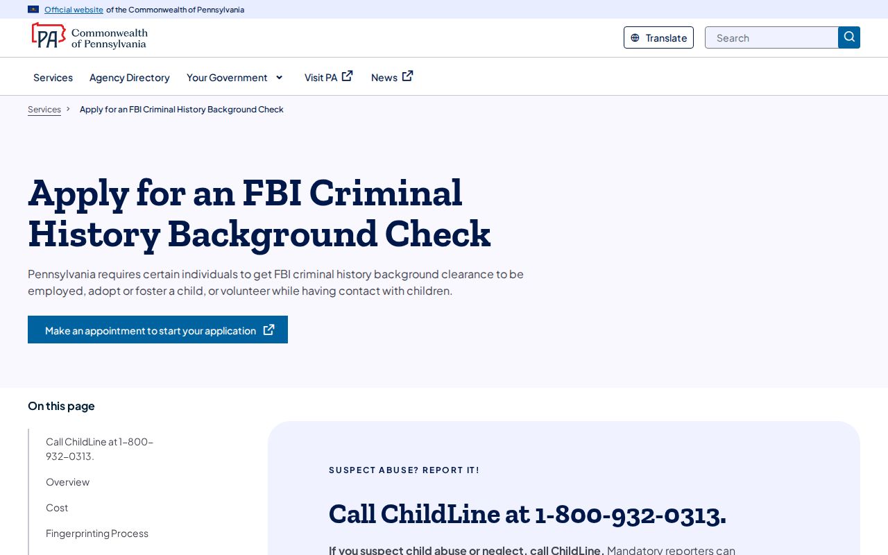Lycoming County fingerprint criminal history channel through IdentoGO