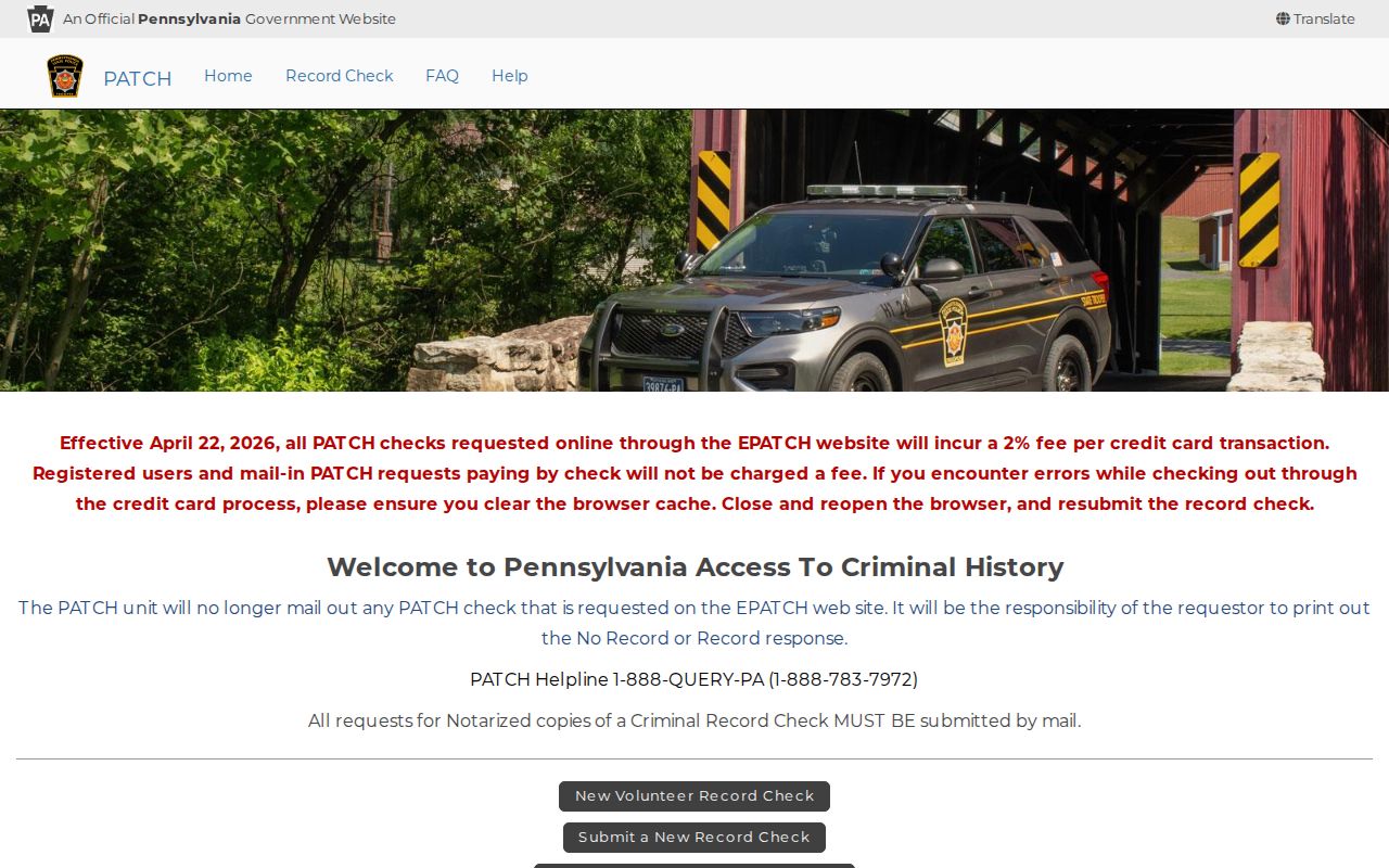 Lycoming County criminal history access through the Pennsylvania PATCH portal